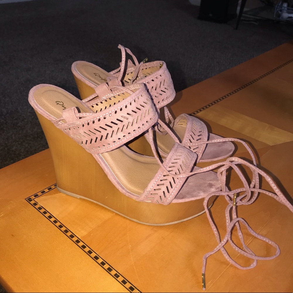 Lace Up Blush Wedges